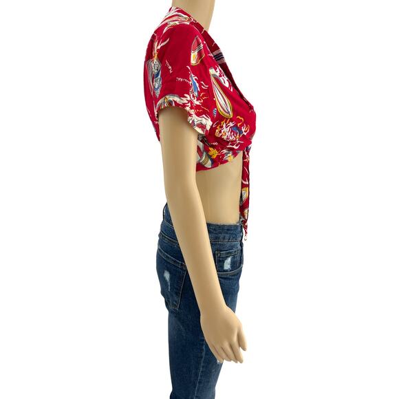 VINTAGE American KALA LARGE 80’s Red Hula Aloha Hawaiian Knot Tie Crop Top Shirt - Picture 3 of 6